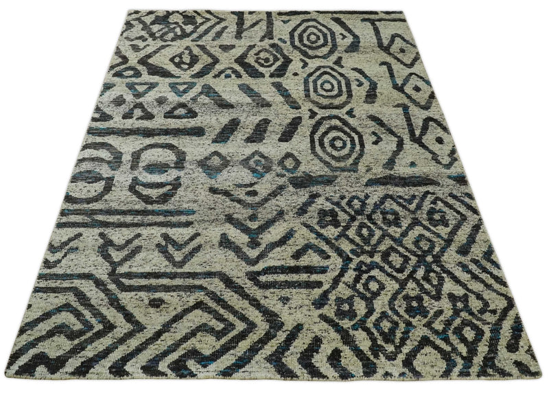 8x10 Hand Knotted Ivory and Charcoal Modern Tribal Style Contemporary Recycled Silk Area Rug | OP49