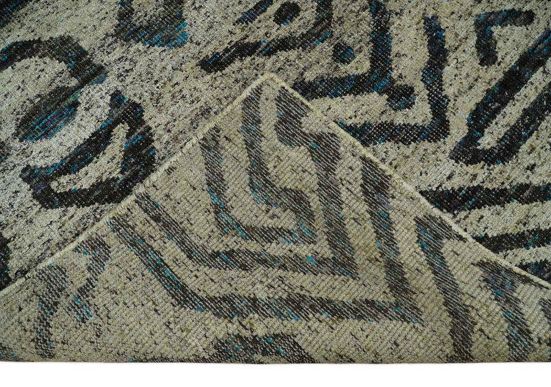 8x10 Hand Knotted Ivory and Charcoal Modern Tribal Style Contemporary Recycled Silk Area Rug | OP49