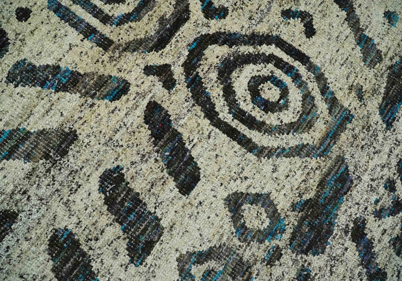 8x10 Hand Knotted Ivory and Charcoal Modern Tribal Style Contemporary Recycled Silk Area Rug | OP49