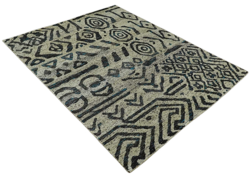 8x10 Hand Knotted Ivory and Charcoal Modern Tribal Style Contemporary Recycled Silk Area Rug | OP49