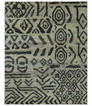 8x10 Hand Knotted Ivory and Charcoal Modern Tribal Style Contemporary Recycled Silk Area Rug | OP49