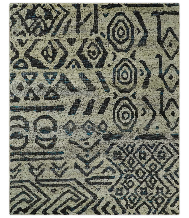 8x10 Hand Knotted Ivory and Charcoal Modern Tribal Style Contemporary Recycled Silk Area Rug | OP49