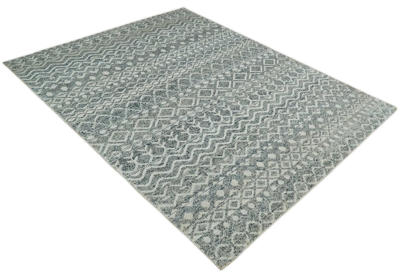 8x10 Hand Knotted Ivory and Gray Modern Contemporary Southwestern Tribal Trellis Recycled Silk Area Rug | OP47