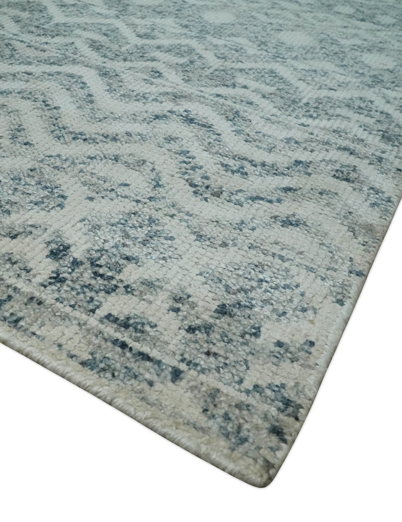8x10 Hand Knotted Ivory, Gray and Blue Modern Contemporary Southwestern Tribal Trellis Recycled Silk Area Rug | OP40