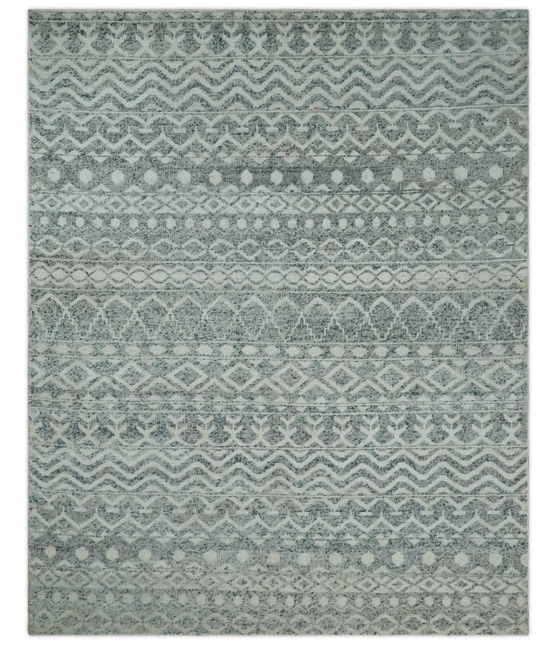 8x10 Hand Knotted Ivory, Gray and Blue Modern Contemporary Southwestern Tribal Trellis Recycled Silk Area Rug | OP40