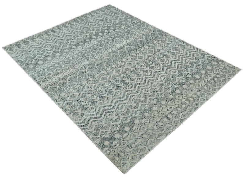 8x10 Hand Knotted Ivory, Gray and Blue Modern Contemporary Southwestern Tribal Trellis Recycled Silk Area Rug | OP40