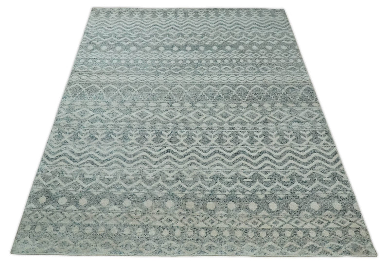 8x10 Hand Knotted Ivory, Gray and Blue Modern Contemporary Southwestern Tribal Trellis Recycled Silk Area Rug | OP40