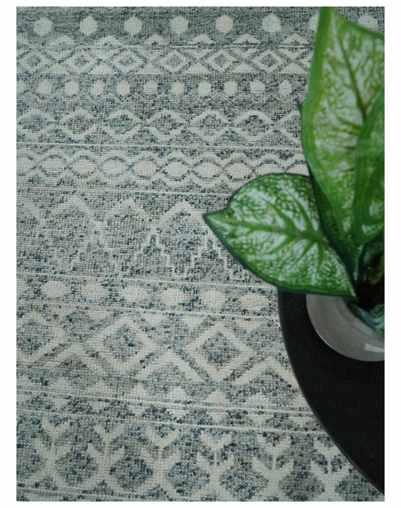 8x10 Hand Knotted Ivory, Gray and Blue Modern Contemporary Southwestern Tribal Trellis Recycled Silk Area Rug | OP40