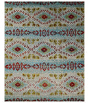 8x10 Hand Knotted Ivory, Red and Blue Persian made of Recycled Silk Area Rug | OP53