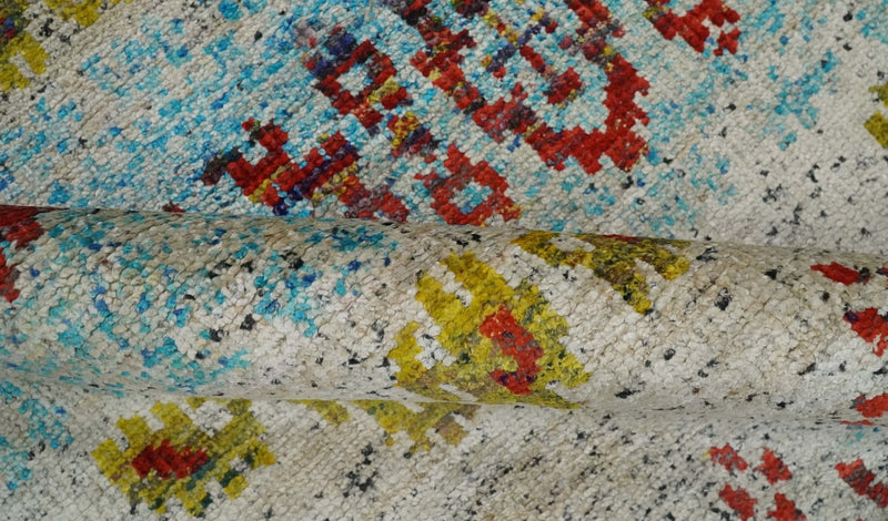 8x10 Hand Knotted Ivory, Red and Blue Persian made of Recycled Silk Area Rug | OP53