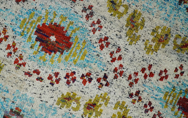 8x10 Hand Knotted Ivory, Red and Blue Persian made of Recycled Silk Area Rug | OP53