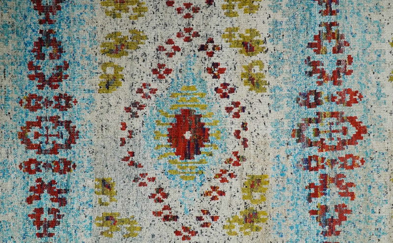8x10 Hand Knotted Ivory, Red and Blue Persian made of Recycled Silk Area Rug | OP53