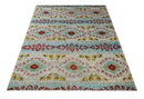 8x10 Hand Knotted Ivory, Red and Blue Persian made of Recycled Silk Area Rug | OP53