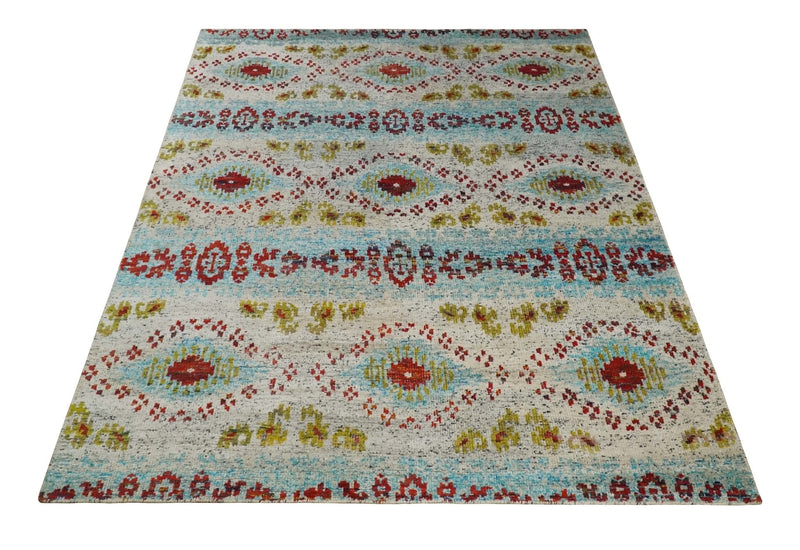 8x10 Hand Knotted Ivory, Red and Blue Persian made of Recycled Silk Area Rug | OP53