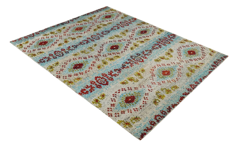 8x10 Hand Knotted Ivory, Red and Blue Persian made of Recycled Silk Area Rug | OP53