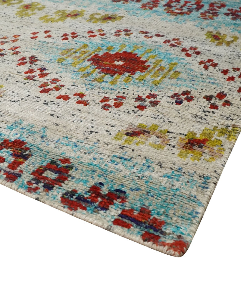 8x10 Hand Knotted Ivory, Red and Blue Persian made of Recycled Silk Area Rug | OP53