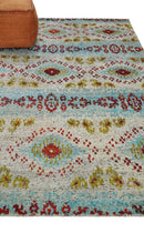8x10 Hand Knotted Ivory, Red and Blue Persian made of Recycled Silk Area Rug | OP53