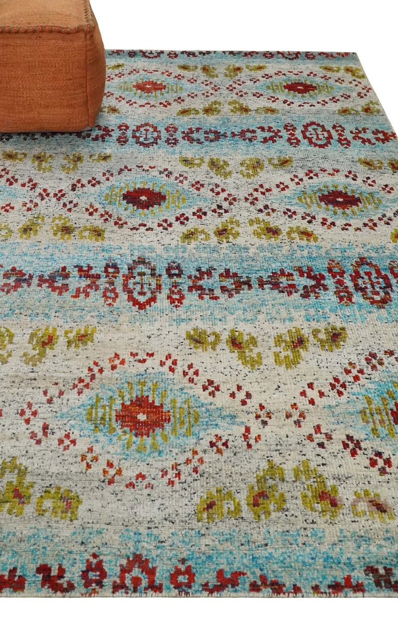 8x10 Hand Knotted Ivory, Red and Blue Persian made of Recycled Silk Area Rug | OP53