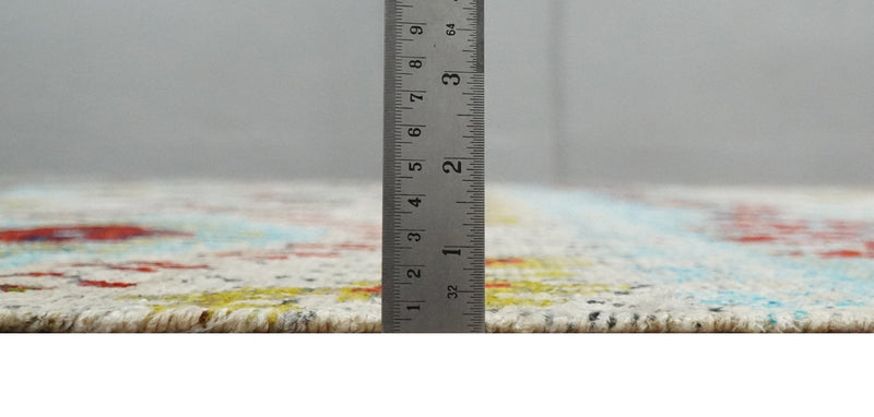 8x10 Hand Knotted Ivory, Red and Blue Persian made of Recycled Silk Area Rug | OP53