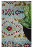 8x10 Hand Knotted Ivory, Red and Blue Persian made of Recycled Silk Area Rug | OP53