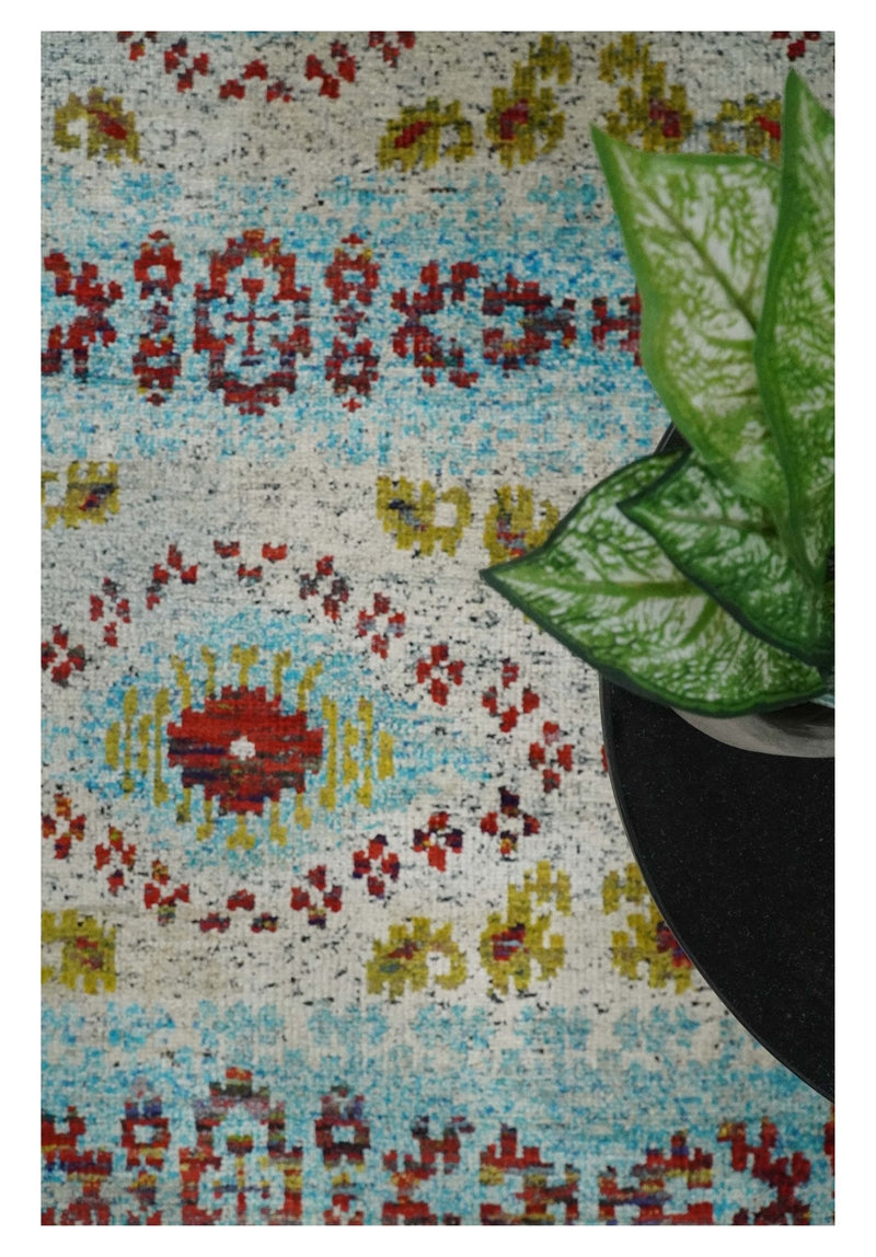 8x10 Hand Knotted Ivory, Red and Blue Persian made of Recycled Silk Area Rug | OP53