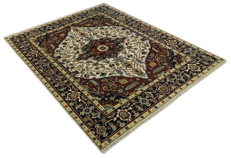 8x10 Hand Knotted Ivory Red and Blue Traditional Heriz Serapi Antique Wool Rug | TRDCP601810