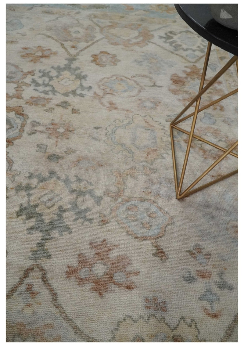 8x10 Hand Knotted Ivory, Silver and Brown Oriental Oushak Wool Area Rug