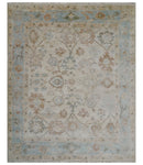 8x10 Hand Knotted Ivory, Silver and Brown Oriental Oushak Wool Area Rug