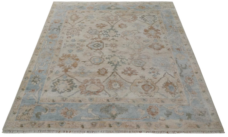 8x10 Hand Knotted Ivory, Silver and Brown Oriental Oushak Wool Area Rug
