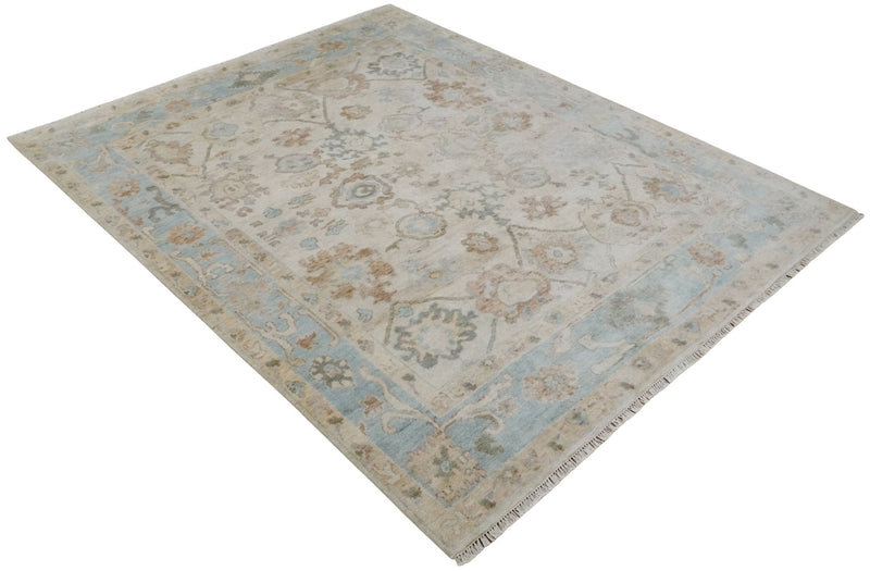 8x10 Hand Knotted Ivory, Silver and Brown Oriental Oushak Wool Area Rug