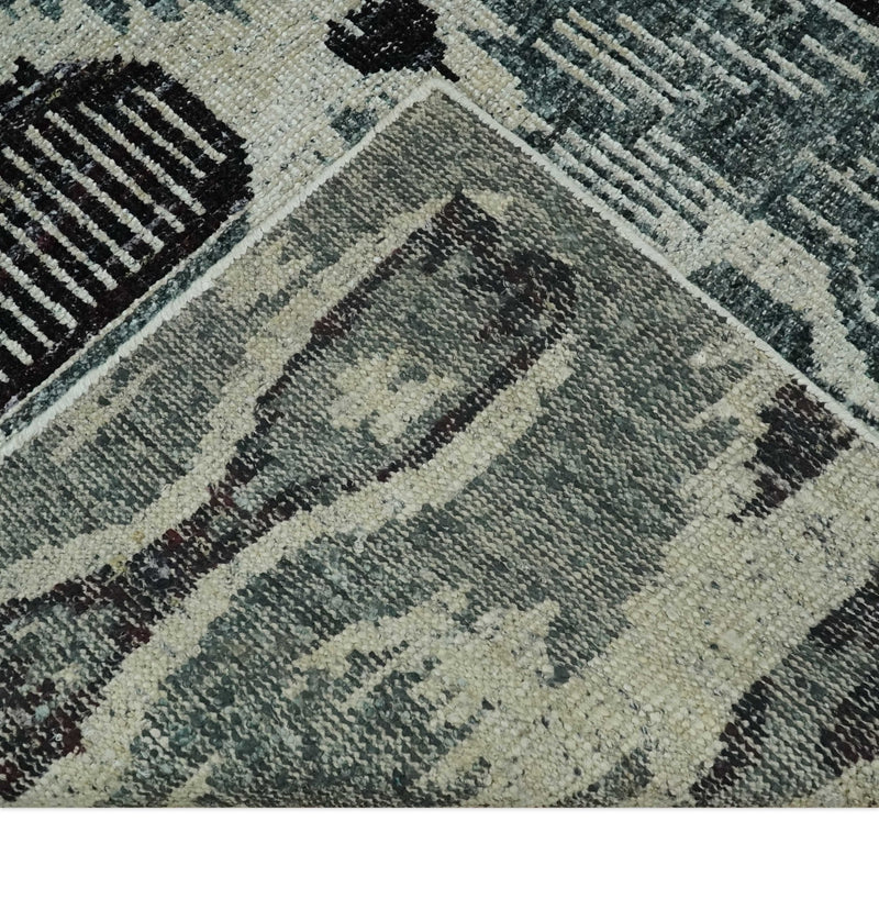 8x10 Hand Knotted Ivory, Teal and Black  Antique Persian Style Contemporary Recycled Silk Area Rug | OP39