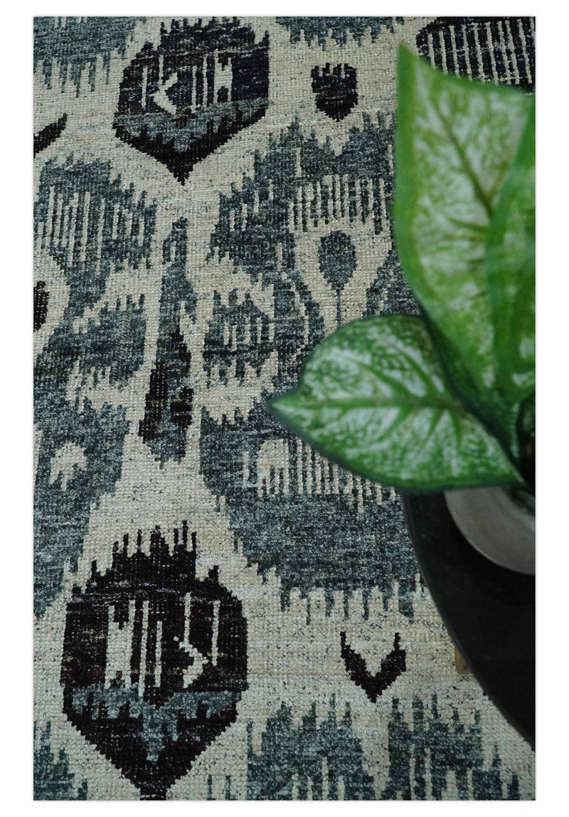 8x10 Hand Knotted Ivory, Teal and Black  Antique Persian Style Contemporary Recycled Silk Area Rug | OP39