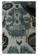 8x10 Hand Knotted Ivory, Teal and Black  Antique Persian Style Contemporary Recycled Silk Area Rug | OP39