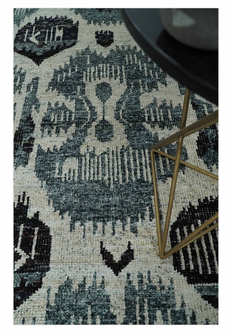 8x10 Hand Knotted Ivory, Teal and Black  Antique Persian Style Contemporary Recycled Silk Area Rug | OP39