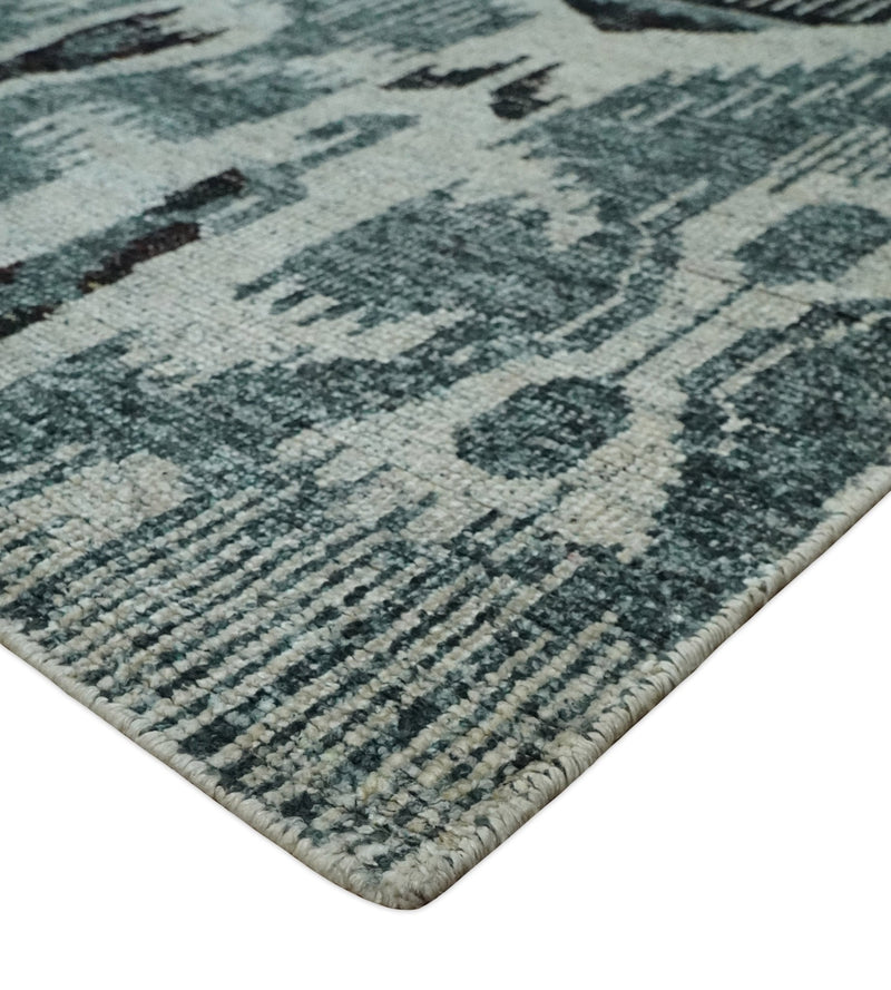 8x10 Hand Knotted Ivory, Teal and Black  Antique Persian Style Contemporary Recycled Silk Area Rug | OP39