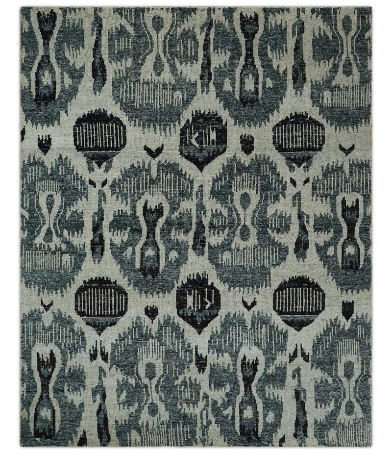 8x10 Hand Knotted Ivory, Teal and Black  Antique Persian Style Contemporary Recycled Silk Area Rug | OP39