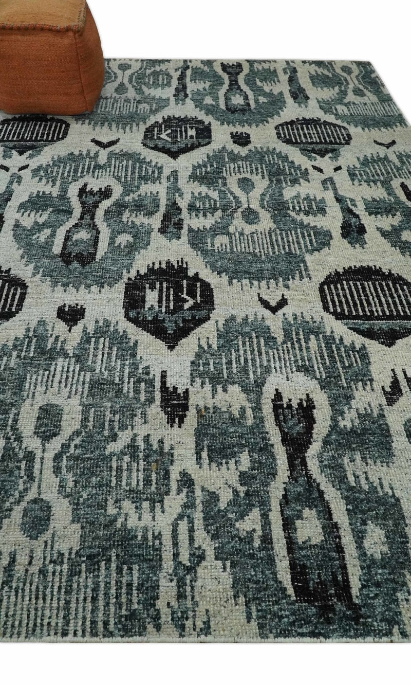 8x10 Hand Knotted Ivory, Teal and Black  Antique Persian Style Contemporary Recycled Silk Area Rug | OP39