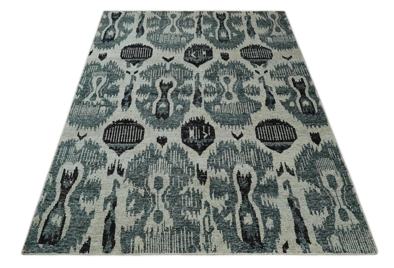 8x10 Hand Knotted Ivory, Teal and Black  Antique Persian Style Contemporary Recycled Silk Area Rug | OP39