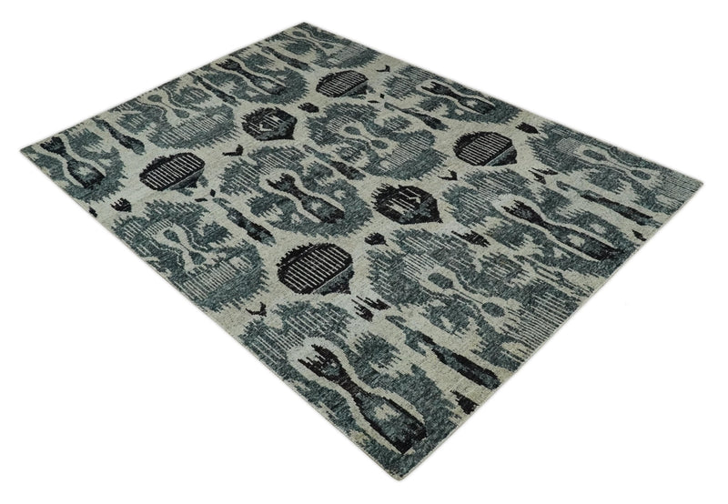 8x10 Hand Knotted Ivory, Teal and Black  Antique Persian Style Contemporary Recycled Silk Area Rug | OP39