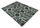Recycled Silk Hand Knotted Area Rug 8x10 Ivory Teal Black Persian
