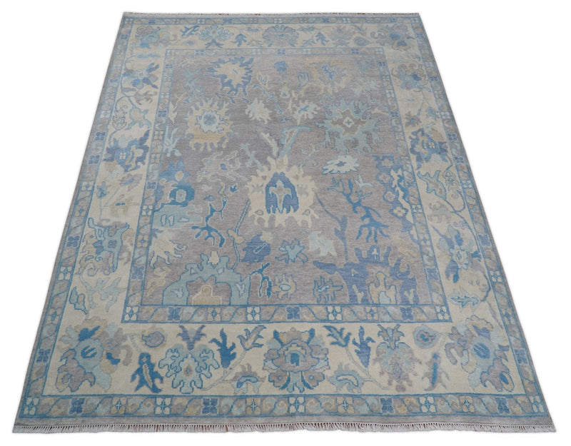 8x10 Hand Knotted Lavender Blue and Beige Traditional Persian Oushak Wool Rug | TRDCP761810