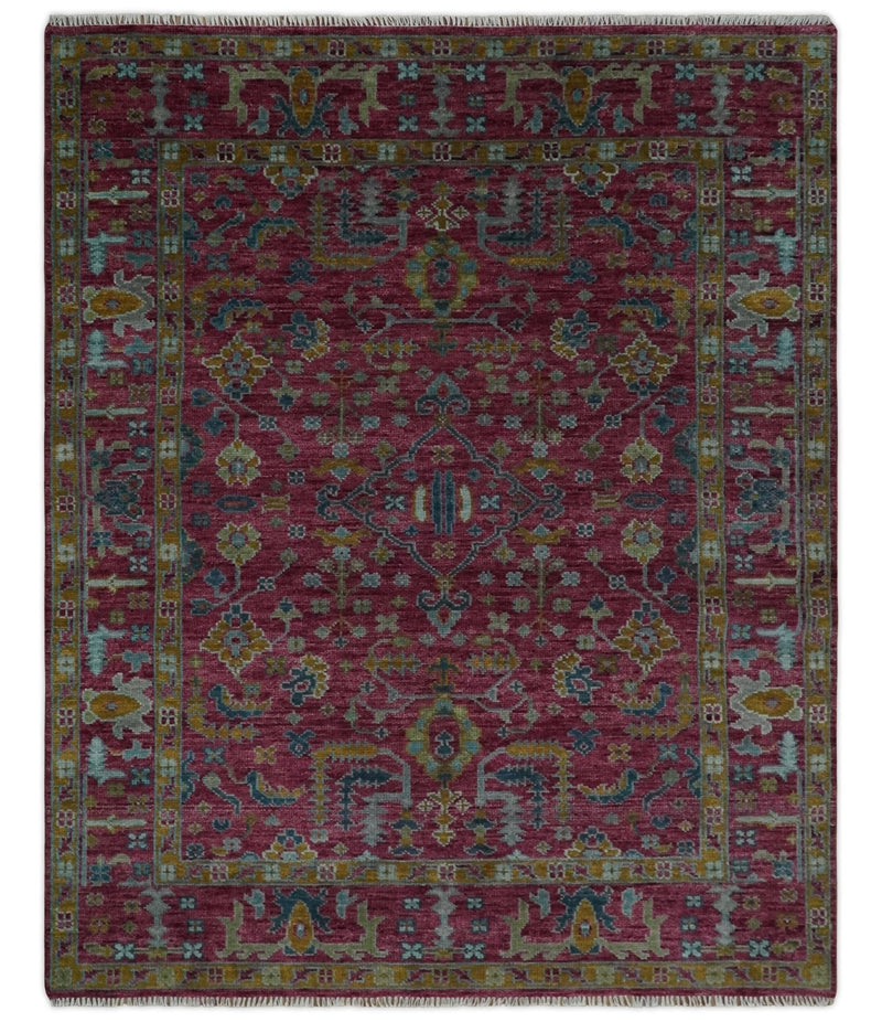 8x10 Hand Knotted Maroon and Gold Heriz Serapi Traditional Antique Style Wool Area Rug | TRDCP1603810S