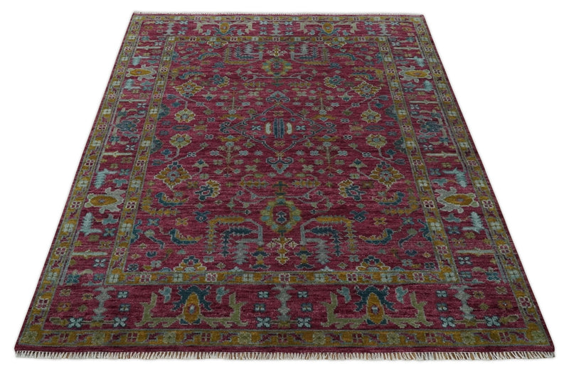 8x10 Hand Knotted Maroon and Gold Heriz Serapi Traditional Antique Style Wool Area Rug | TRDCP1603810S