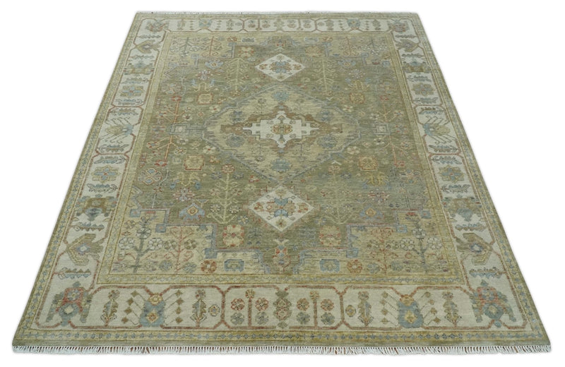 8x10 Hand Knotted Olive and Ivory Traditional Vintage Heriz Serapi Antique Wool Rug | TRDCP1076S