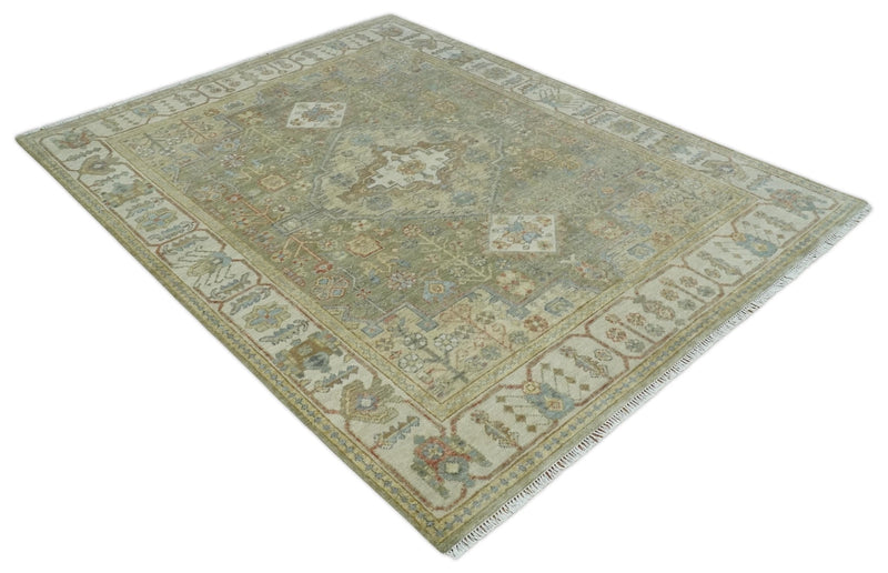 8x10 Hand Knotted Olive and Ivory Traditional Vintage Heriz Serapi Antique Wool Rug | TRDCP1076S