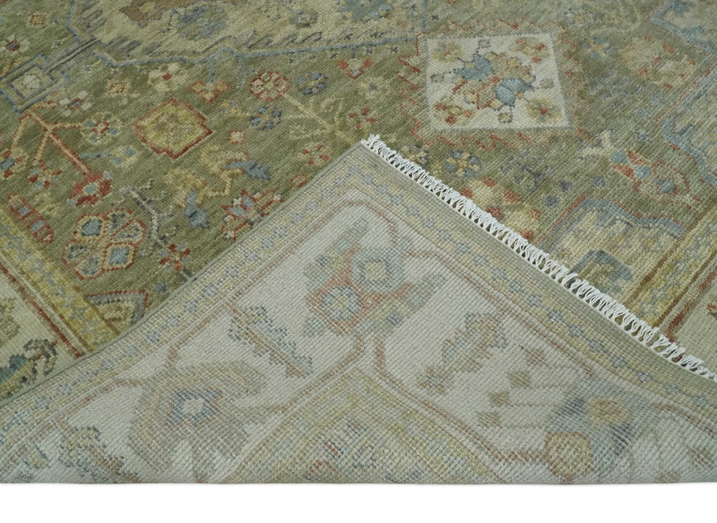 8x10 Hand Knotted Olive and Ivory Traditional Vintage Heriz Serapi Antique Wool Rug | TRDCP1076S