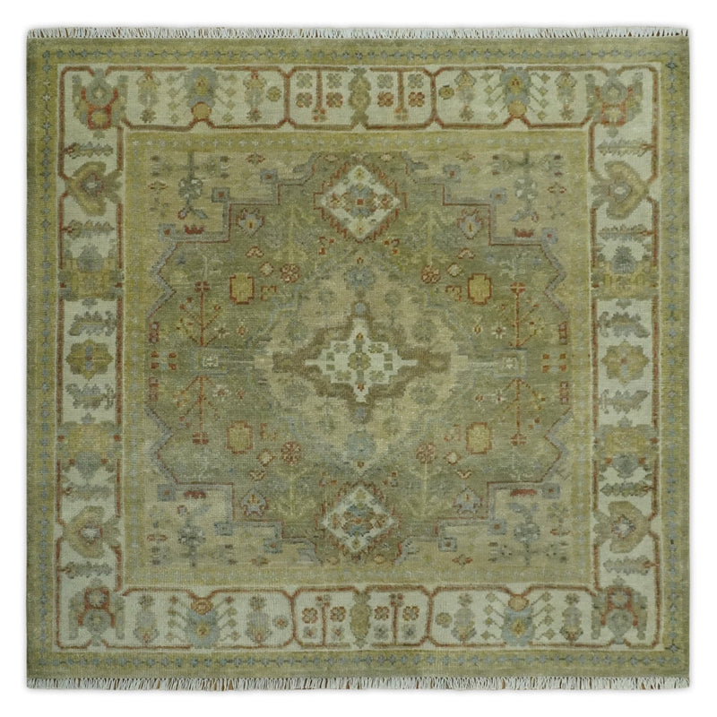 8x10 Hand Knotted Olive and Ivory Traditional Vintage Heriz Serapi Antique Wool Rug | TRDCP1076S