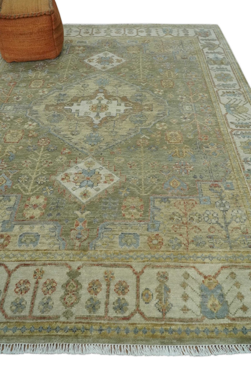 8x10 Hand Knotted Olive and Ivory Traditional Vintage Heriz Serapi Antique Wool Rug | TRDCP1076S