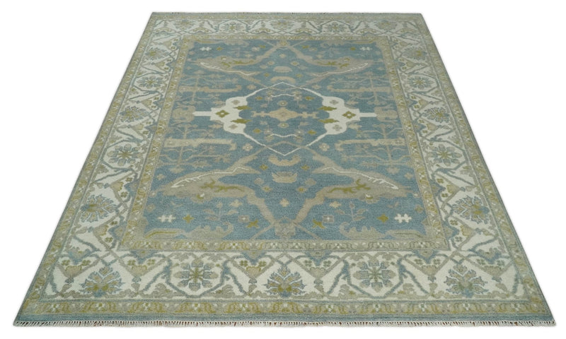 8x10 Hand Knotted Oriental Oushak Gray, Ivory and Beige Wool Area Rug | TRDCP1166810