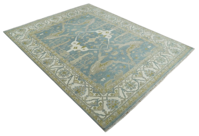 8x10 Hand Knotted Oriental Oushak Gray, Ivory and Beige Wool Area Rug | TRDCP1166810